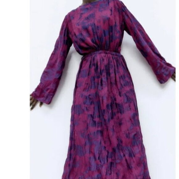 NWOT Zara Wrinkled Jacquard Maxi Dress Small Maroon Purple Floral Design - Picture 8 of 9